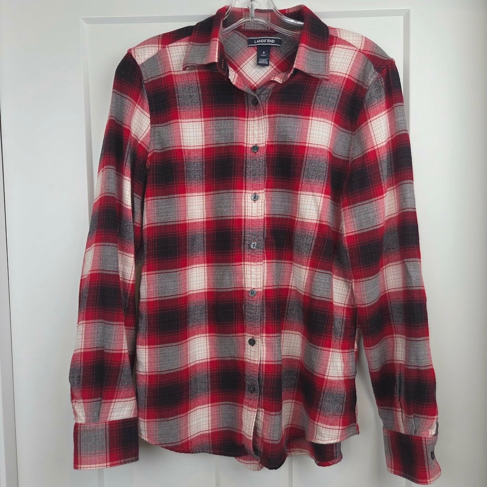 Lands End Women's‎ Red Plaid Button Down Shirt 100% Cotton Size 6